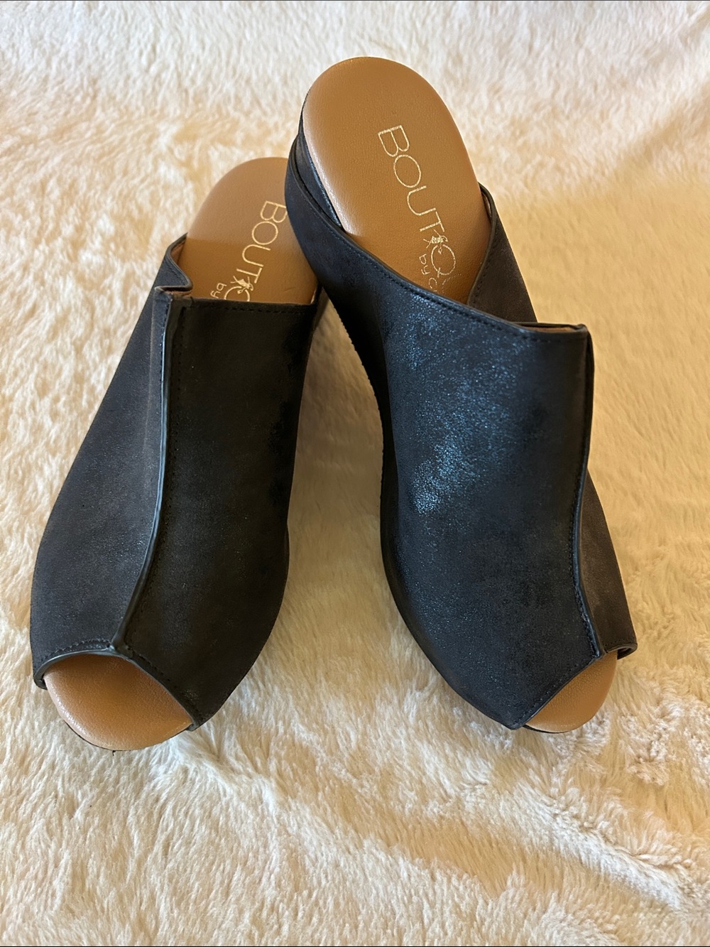 Corkys Black Open-Toe Slip-On Mule Wedges